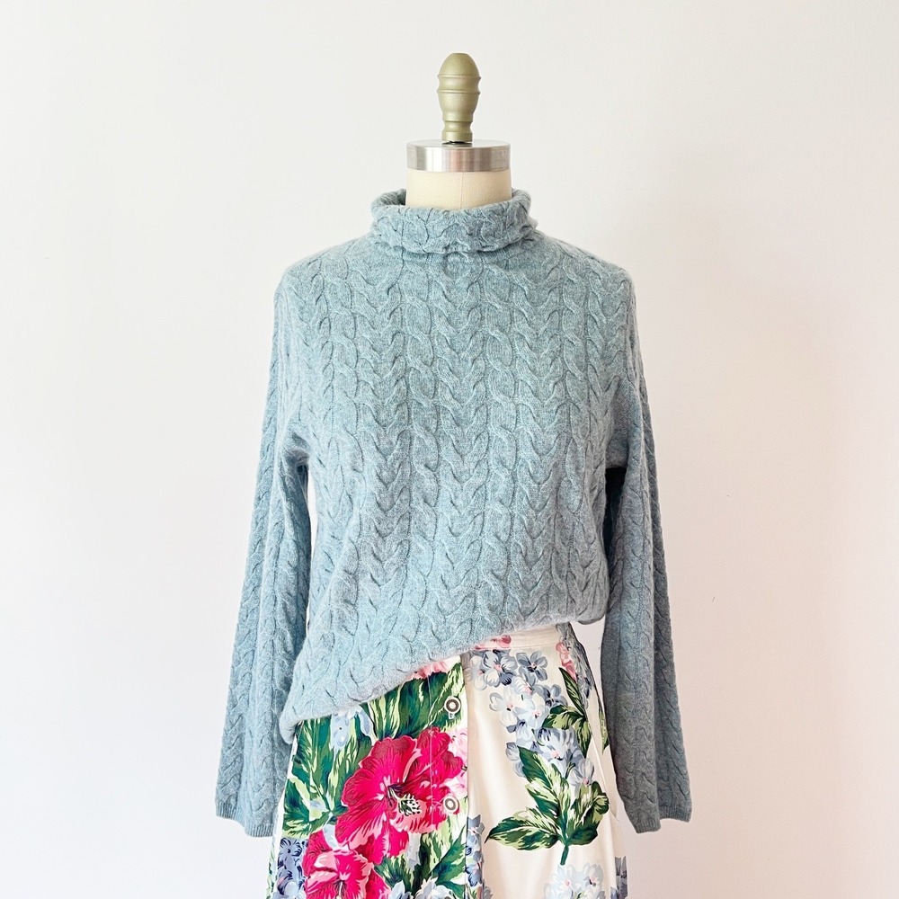Garnet Hill Sweater Light Blue 100% Cashmere Cable Knit Turtleneck